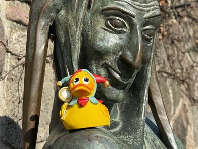 Qietscheente als Eulenspiegel